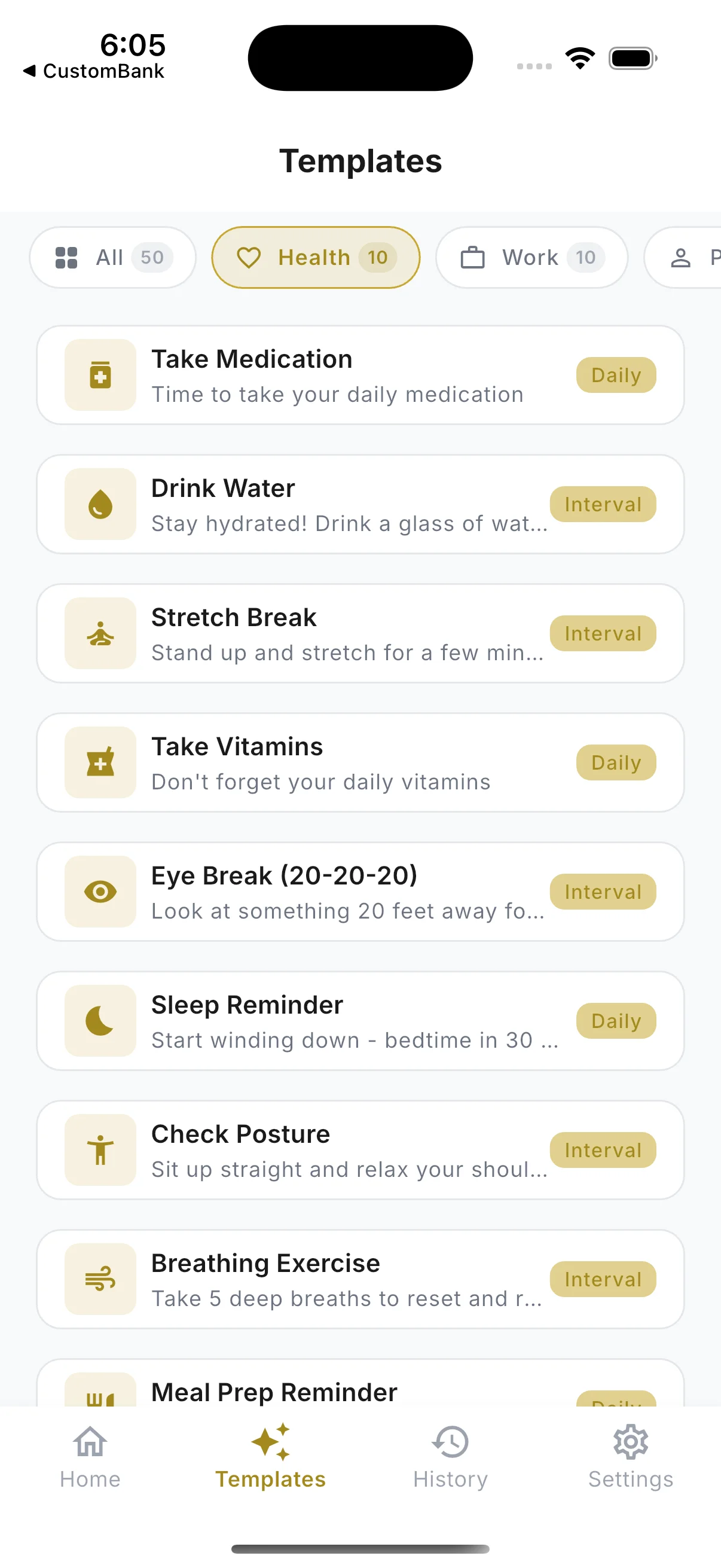 CustomNotify templates screen showing 50+ pre-made templates for health, work, and personal reminders